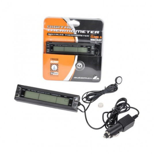 Digitální teploměr s hodinami a voltmetrem 12/24V – Automax