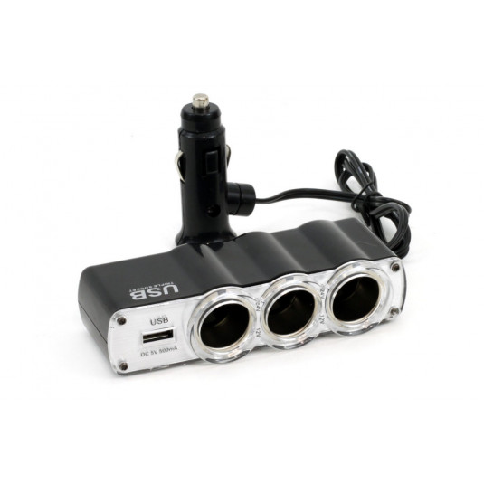 Roztrojka autozapalovače s USB Amio SOC-04 – 3× zásuvka + nabíjecí port 1A