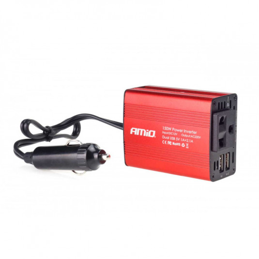 Měnič napětí Amio 12V na 230V 150W/300W s 2× USB – napájení spotřebičů v autě