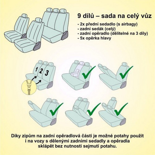 Kompletní potahy sedadel 9 dílů JACK II. AIRBAG – ochrana interiéru s podšívkou a podporou airbagů - Obrázek 5